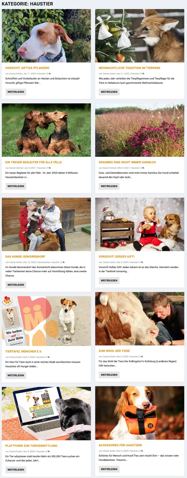 Screenshot Haustiere Treffpunkt 55plus Onlinemagazin. Medien mit Älteren für Ältere.