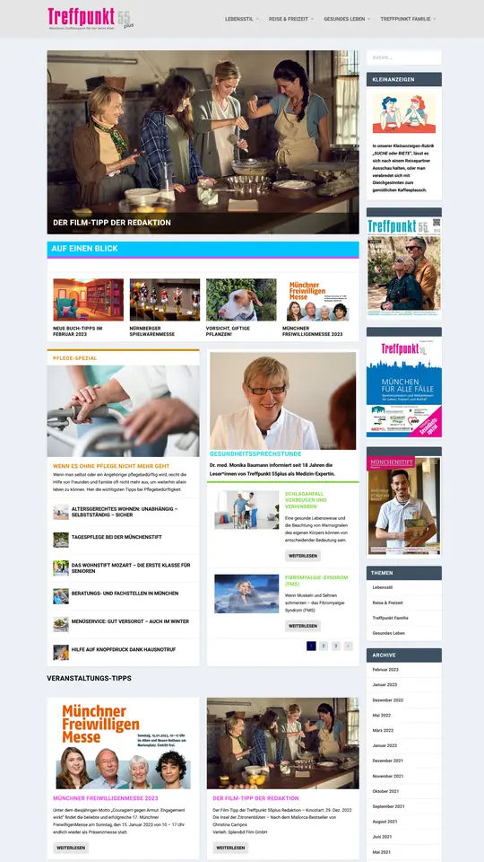 Screenshot Startseite Treffpunkt 55plus Onlinemagazin. Medien mit Älteren für Ältere.